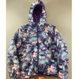 The North Face Reversible Puffer Jacket Kids Purple Floral Print Hooded Zip Up